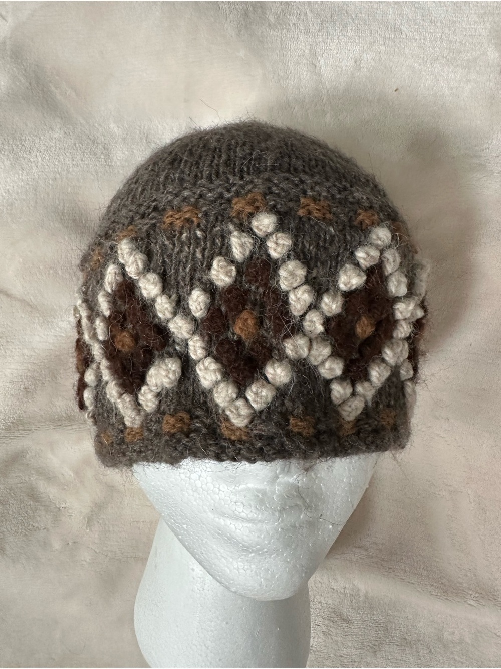 Peruvian Alpaca wool knit, Brown, Cream & Tan Geometric Knit Beanie